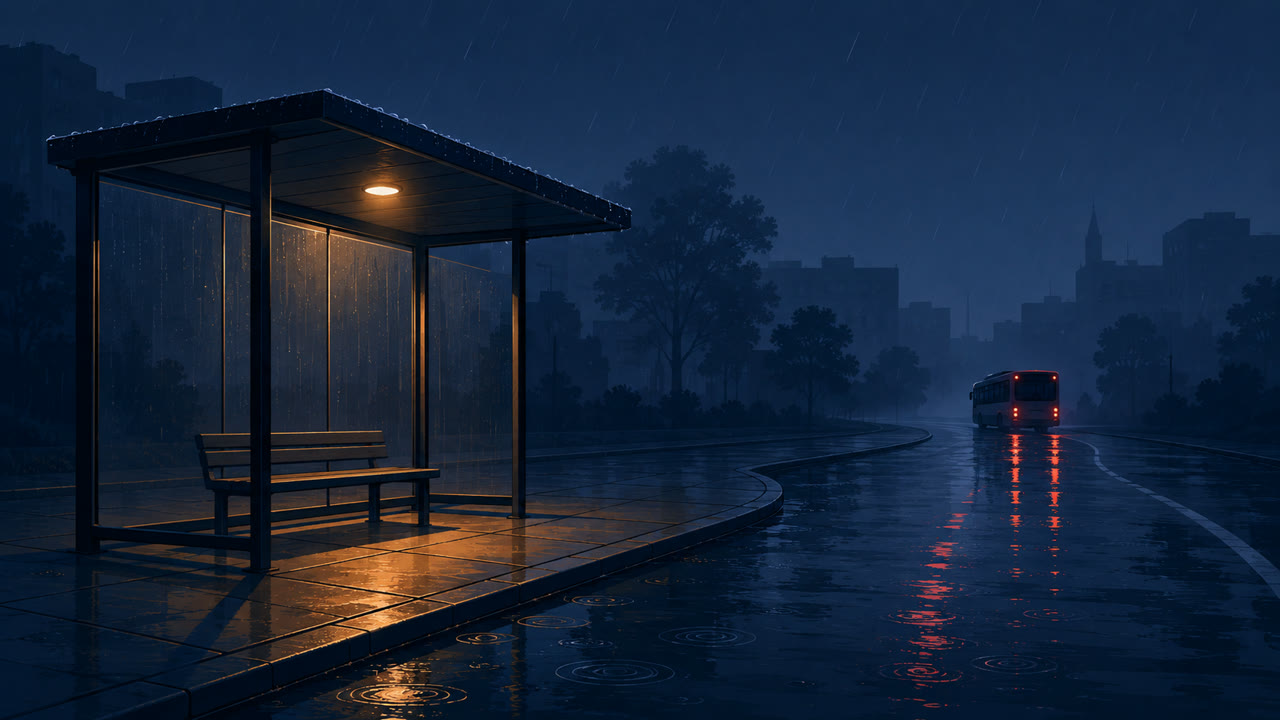 雨夜的公交站台亮着暖灯,远处驶来的巴士车灯映在湿漉漉的街道上